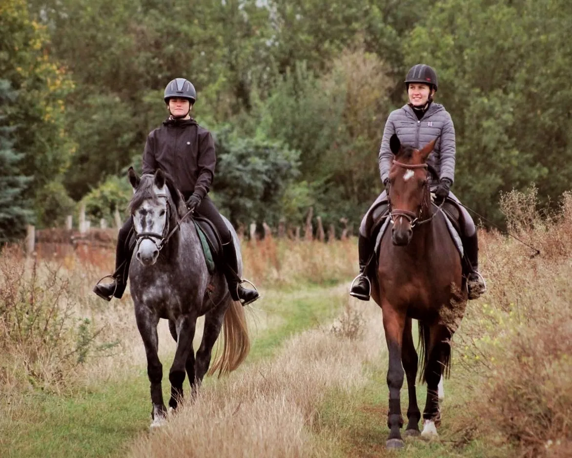 Zwei Reiterinnen beim herbstlichen Ausritt durch die Landschaft